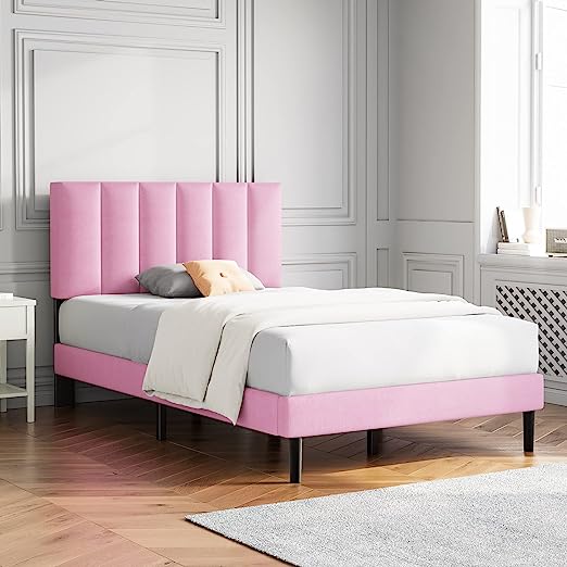 Twin Size Platform Bed Frame with Upholstered Headboard and No Box Spring Needed