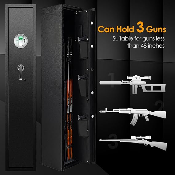 this rifle safe offers advanced security features while making it easy for you and your family to access the stored rifles quickly,  3 Pistols Quick Access Biometric Safe Locker with Fingerprint System, Digital Keypad & Emergency Keys