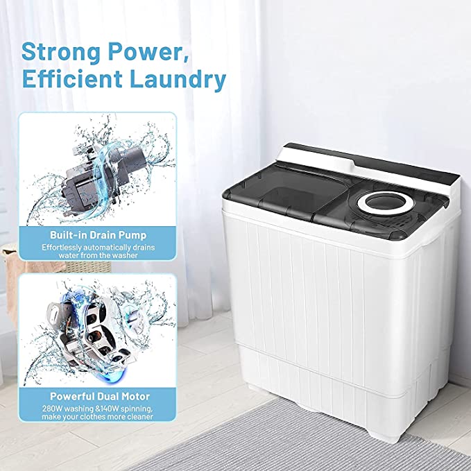 Washing Machine Semi-automatic, 28.5lbs Twin Tub Washer and Spin Dryer, Portable Laundry Washer with Built-in Drain Pump & Control Knobs, Semi-automatic Washing Machine for Apartment