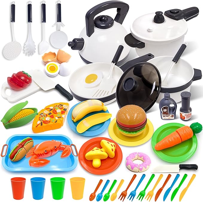Kitchen Toy Cookware with Play Food Toy Set,Kitchen Play Accessories with Pots and Pans,  Our play dish set is not only an entertaining pretend play set—it also helps kids develop imagination and creative thinking skills