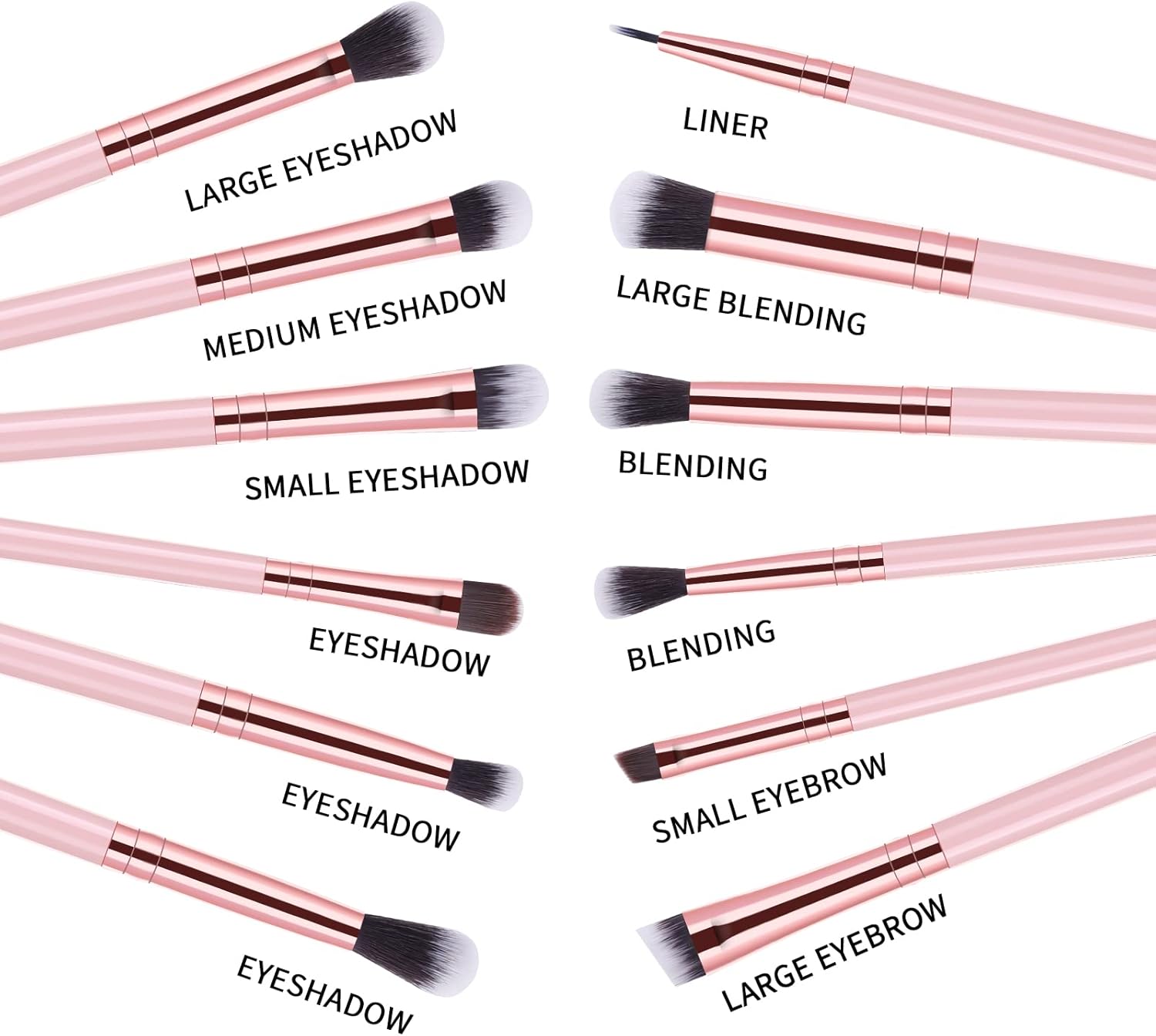 Including eyeshadow brushes, blending brushes, eyeliner brush, eyebrow brush and concealer brushes. Different shapes and sizes of the bristles give you a variety of eye look, 12pcs Eyeshadow Makeup Brushes Set