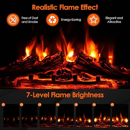 realistic flame effect. Choose from 7 flame brightness settings, and use it with or without heat according to your needs. Recessed Freestanding Fireplace Heater with 7-Level Adjustable Brightness, Overheat Protection, for TV Stand, 750W/1500W,