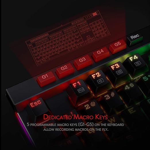 5 programmable macro keys(G1~G5) on the keyboard which can be recorded macros on the fly without any additional software required to be installed,  K580 VATA RGB Mechanical Gaming Keyboard, 104 Keys Gamer Keyboard with Blue Tactile Mechanical Switches,
