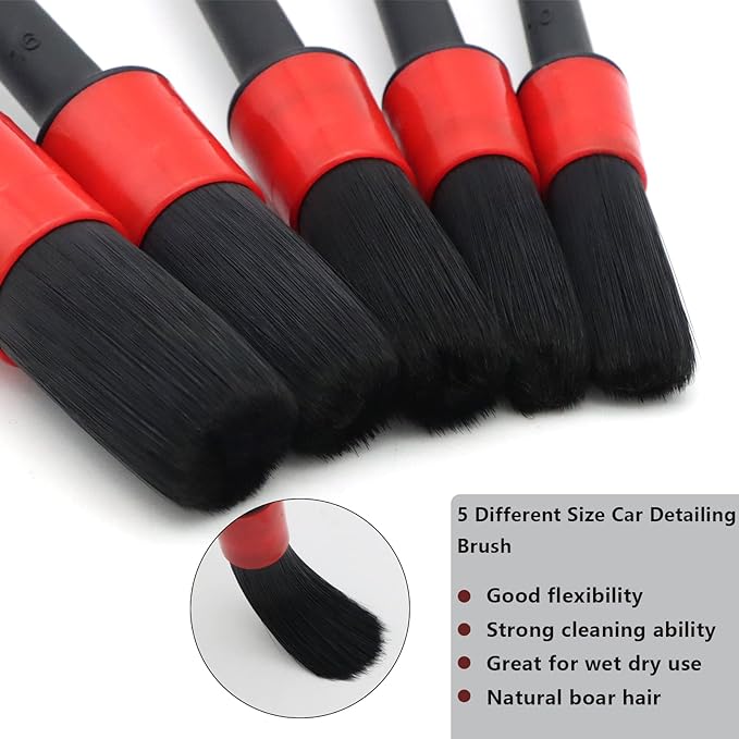 , 3 wire brush (steel/ brass/ nylon), 2 flat sponge pad, 2 wave sponge pad, 2 air vent brush, 1 suction cup+ rods.  19 Pack Automotive Cleaning Brush Kit