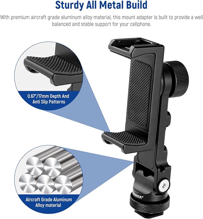 horizontal 360° rotatable metal smartphone mount adapter with a 1/4
