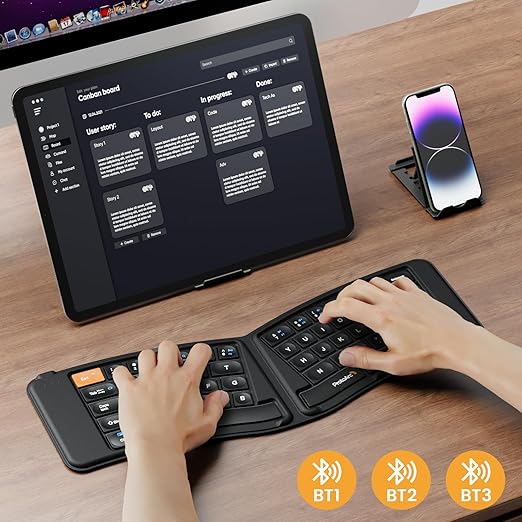 portable bluetooth keyboard designed with 105-key layout with number keypad (Dimensions: 15.19 x 4.68 inch). Ergonomic Foldable Keyboard, XK03 Split Folding Bluetooth Keyboard, Ultra Slim Travel Keyboard,