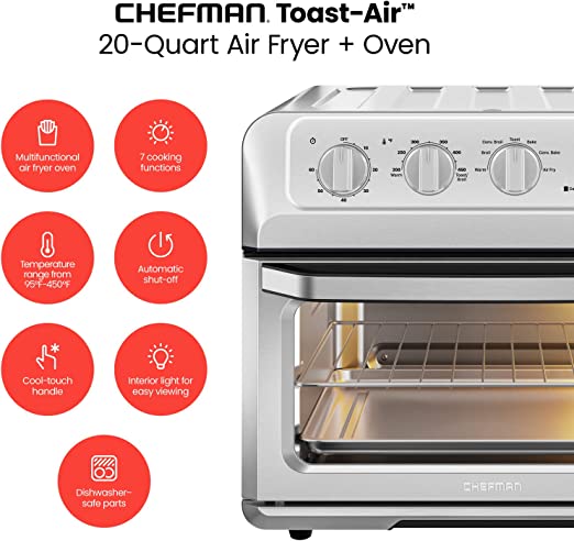 Chefman Toast-Air 20L Air Fryer Toaster Oven, 7-in-1 Combo w/Convection Bake & Broil, Auto Shut-Off, 60 Min Timer, Fry Oil-Free, Nonstick Interior, Accessories & Cookbook Included, Stainless Steel