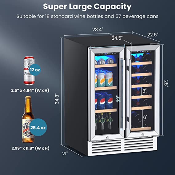 24 Inch Wine and Beverage Refrigerator Cooler, 19 Bottles and 57 Cans Dual Zone Beverage Fridge Cellar with Memory Temperature Control, 2 Safety Lock, LED Light, Built-In or Freestanding 2-in-1