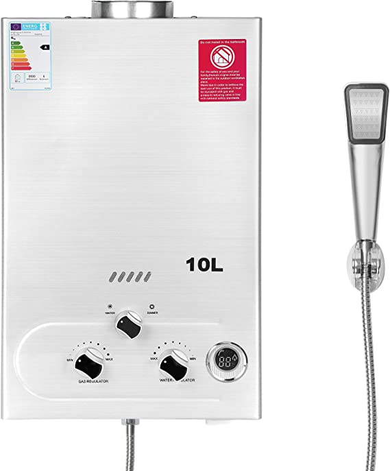 BreeRainz 10LPM Gas Water Heater,20KW Propane Tankless Water Heater with Supercharged Shower,LPG Propane Butane Applicable,2.8psi Low Starting Water Pressure,for Home,RV and Outdoor