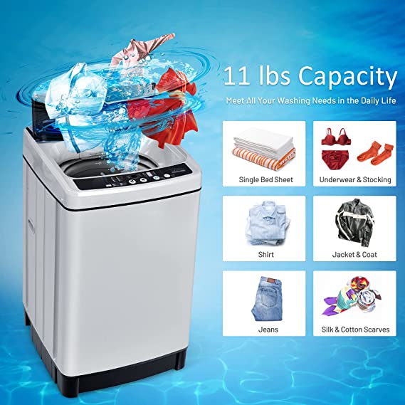 Washing Machine, 11Lbs Capacity Full-automatic Washer with 8 Wash Programs,