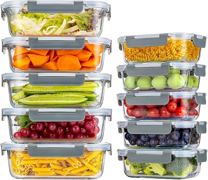 Safe & Versatile High-grade borosilicate glass withstands oven (400℃, lids excluded), microwave, and freezer, 20-Piece Borosilicate Glass Food Storage Containers, Meal Prep & Lunch Boxes, BPA-Free Airtight Locking Lids