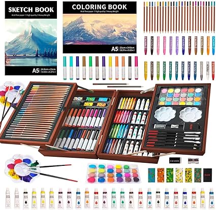 Set with 2 Sketch Pads, Deluxe Art Kit Crafts Wooden Case, Watercolor Pens, Colored Pencils, Oil Pastels, Paints, Painting Drawing Coloring Gift for Artists Kids
