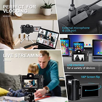Monitech Digital Cameras for Photography, 4K 48MP Vlogging Camera for YouTube and Video, with 180° Flip Screen,16X Digital Zoom, 2 Batteries, 32GB TF Card