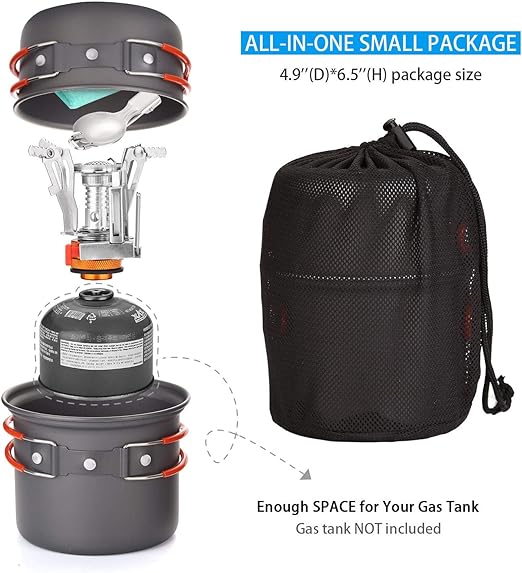Foldable handles on pot or stove can be folded to save space. Small size and portable, Mess Kit with Lightweight Pot, Stove, Spork and Carry Mesh Bag,