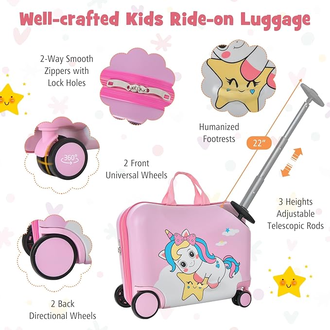 luggage includes an 18” ride on suitcase and a 12” travel backpack, which provides kids with a personalized journey helper. Backpack & 18” Hard Shell Carry-on Luggage, Anti-Lost Adjustable Strap, Airplane Approved, 2 Pcs Ride-on Suitcase for Girls Boys