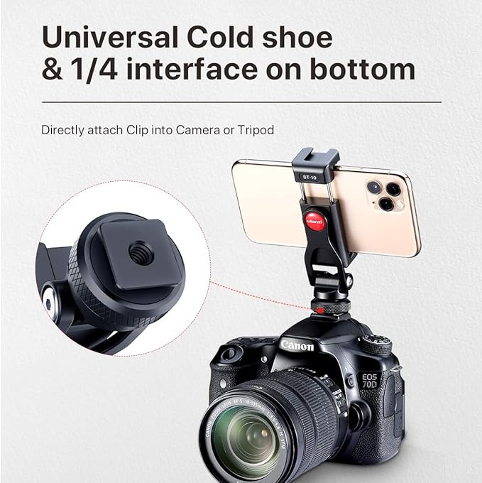 ideal accessory for iphone vlog; 360°rotating design, supports horizontal and vertical shoot,ST-10 Metal Dual Cold Shoe Smartphone Vlog Holder DSLR Hot Shoe Phone Mount for iPhone Cell Phone ing angles,