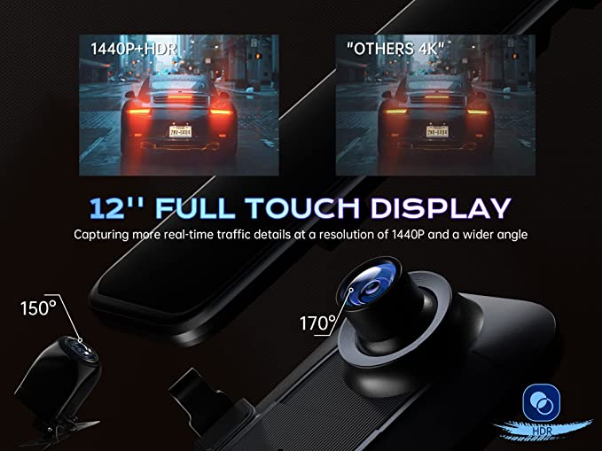 The car camera utilizes the Real 1440P plus HDR technology to provide you with a high-definition image whether in daylight or at night. With advanced image processing technology,P12 Mirror Dash Cam