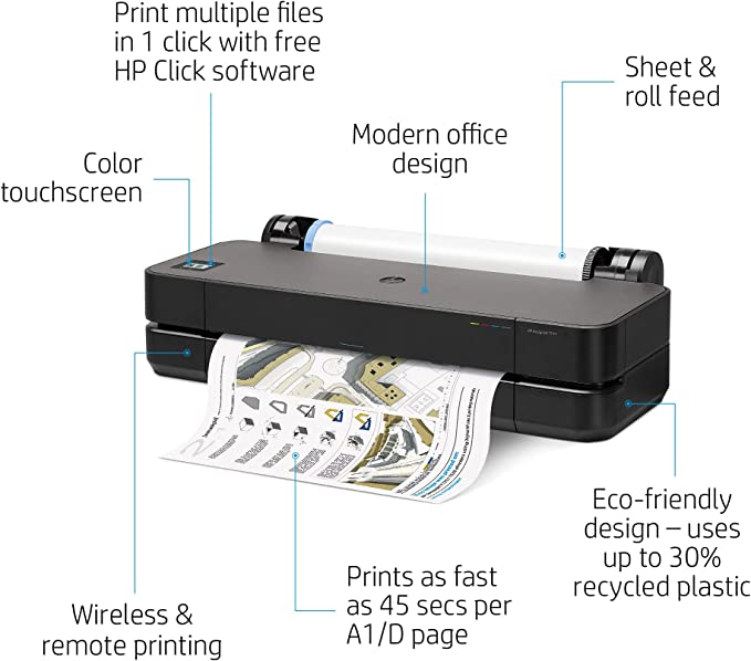 HP DesignJet T210 Large Format 24-inch Plotter Printer, Includes Care Pack (8AG32H) , Black