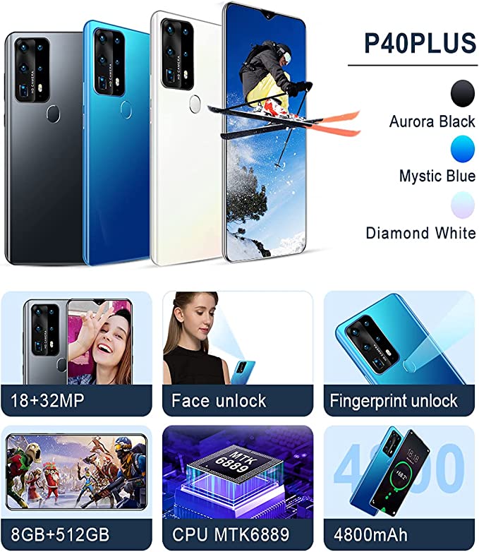 2021 New Smartphones Android Phone 6.8in Cell Phone Dual Sim 8+512ram Dual Sim Phone Mobile Phone Support 4G and 5G Networks (White)