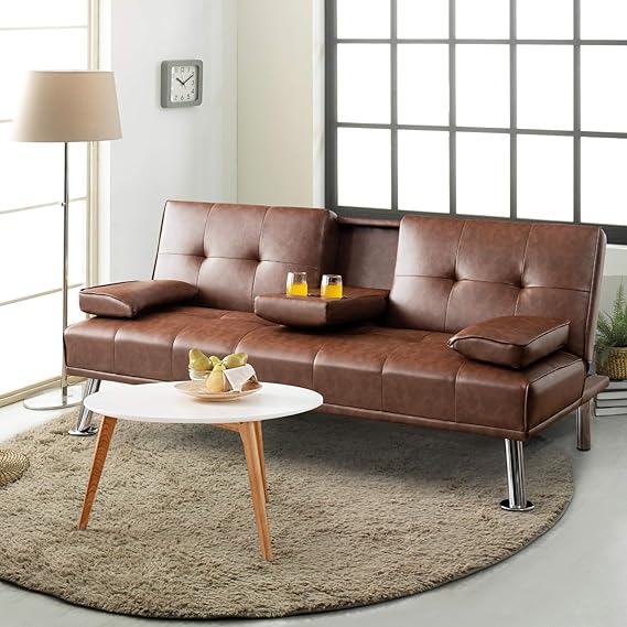 sofa set the most stable support it can get, Multifunctional Upholstered Guest Sofa Bed for Living Room, Office, Apartment, Folding Convertible Futon w/Cup Holders & Armrests