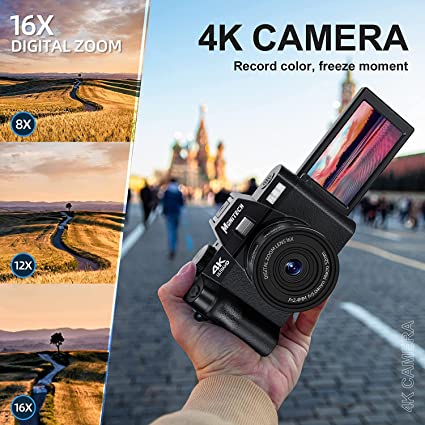 Monitech Digital Cameras for Photography, 4K 48MP Vlogging Camera for YouTube and Video, with 180° Flip Screen,16X Digital Zoom, 2 Batteries, 32GB TF Card