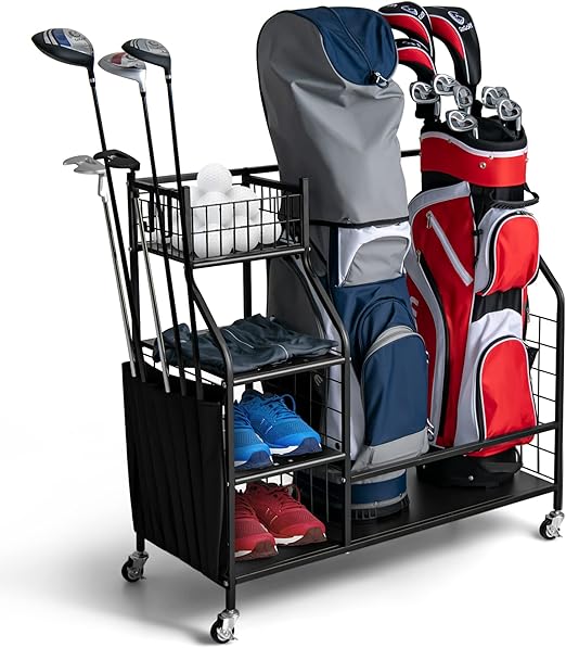 3 storage shelves for other golfing equipment, like shoes and towels. Golf Bag Organizer with Lockable Universal Wheels, Golf Bag Storage Stand & Golf Clubs & Other Golfing Equipment Rack,