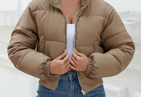 Winter cropped puffer jacket could wear alone in freezing weather; also will make a great piece to layer with and to wear in the fall, Jackets Long Sleeve Short Puffy Quilted Jackets Winter Coat With Pockets