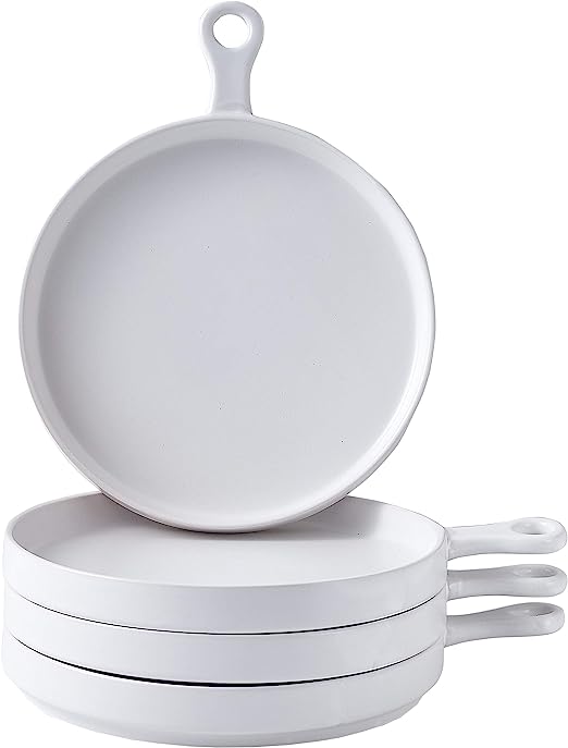 Set of 4 Dessert and Appetizers Plates, for Parties, Dinner, Elegant Round Ceramic Skillet Dessert Plates, Stackable 11 inch