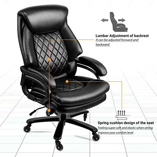 High Back Big & Tall 400lb Leather Office Chair Executive Desk Computer Task Swivel Chair- Heavy Duty Metal Base, Adjustable Tilt Angle, Thick Padding and Ergonomic Design for Lumbar Support