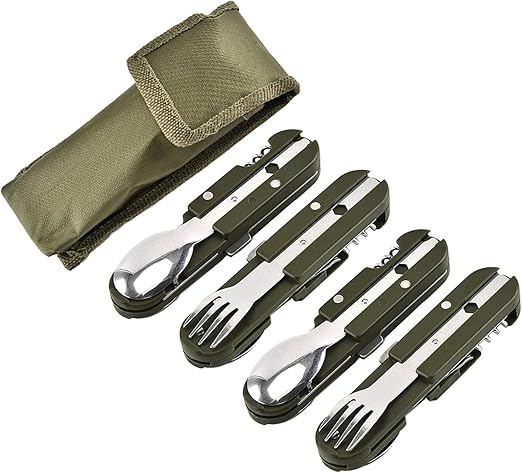 camping tool has 5 functions, such as fork, spoon, knife, bottle opener, can opener, Travel Tableware Multifunctional Folding Tableware Outdoor