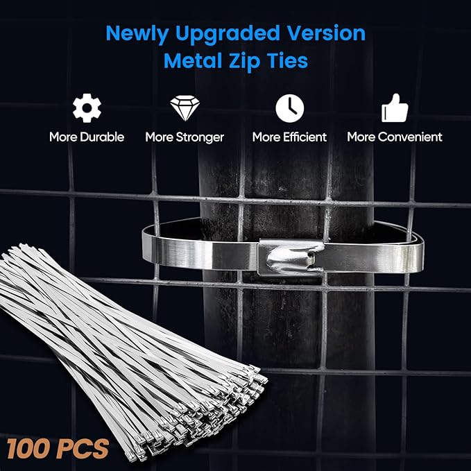 Metal Cable Ties-Suitable for Outdoor Chain, 100 Pcs 11.8 Inch,304 Stainless Steel Zip Ties