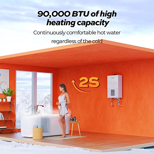 Natural Gas Tankless Water Heater, FOGATTI Indoor 4.0 GPM, 90,000 BTU Instant Hot Water Heater, Instagas Classic 90 Series