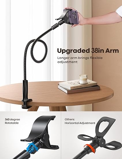 Flexible Arm, Overall Length 38in, 360 Adjustable Clamp Clip, Overhead Cell Phone Mount Stand for Bed,