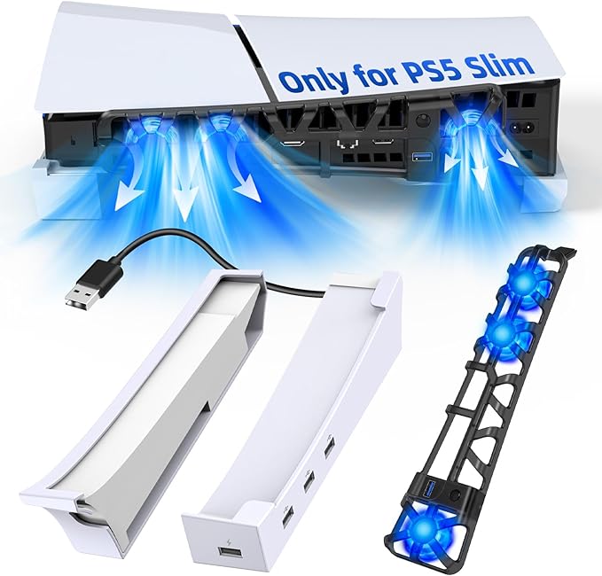 short press the button to switch the fan between low,medium,high and off. In addition, Horizontal Stand & Cooling Fan for PS5 Slim Digital/Disc, Controller Charger Station with 4 USB Hub, Separate Silent 3 High-Speed Fan with USB 3.0 Port