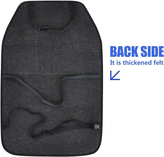 adjustable high density ribbon with buckle on the top and at the bottom is to fix car seat back covers, Large Kick Mat 2 Pack Durable Water Resistant Auto Seat Back Covers with 2 Mesh