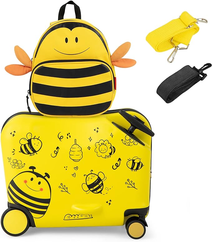 HONEY JOY kids luggage set provides 4 ways to use according to your needs. Kids can sit on suitcase when stuck in long lines, Hard Shell Carry-on Luggage, Anti-Lost Adjustable Strap, Airplane Approved, 2 Pcs Ride-on Suitcase for Girls Boys