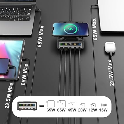 thickened and non-slip design protects the charging device,accurately matches your device even in dark environments, 160W USB C GaN Charger,Ubigbuy 65W 5-Ports PD 3.0 USB C Fast Charging Station,Desktop Wireless USB C Power Adapter Hub with Display