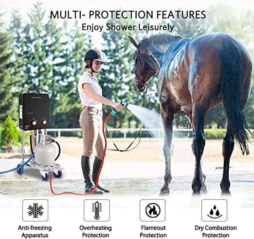 Tankless Water Heater, thermomate 5L Portable Propane Gas Water Heater with Overheating Protection, 1.32 GPM, Outdoor Instant Water Heater for RV Camping, 34,000 BTU/Hr, Easy to Install, Black