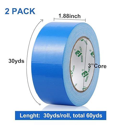 Glue with aggressive synthetic rubber adhesive, BOMEI PACK industrial duct tape roll will provide strong holding power, Strong Tape Grips 2Rolls 9Mil x1.88inch x 30yds, Residue Free for Crafts