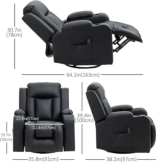 the armchair's arm to extend the footrest and push it down with your heels until it locks in place when not in use, Massage Recliner Chair for Living Room with 8 Vibration Points, PU Leather Manual Reclining Chair with Cup Holders