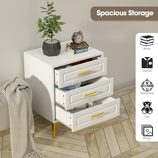 nightstand with 3 drawers takes up less space, providing plenty of storage space. Convenient for DVDs, lamps, books, glasses, décor accessories,Modern Bedside Table with Gold Solid Metal Legs, Wood Side Table Bedroom,Sofa End for Hallway