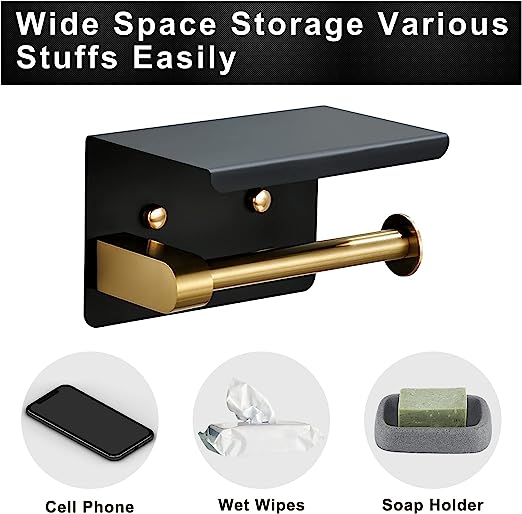 Toilet Paper Holder with Shelves and Storage, Stainless Steel Paper Roll Holder Additional Storage Space for Bathroom