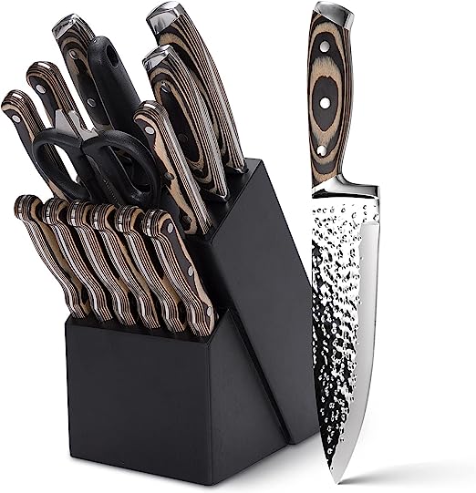 15 Pieces Kitchen Knife Set with Wooden Block, Non-Stick Coating Chef Knife Set with Knife Sharpener for Self Sharpening, German Stainless Steel