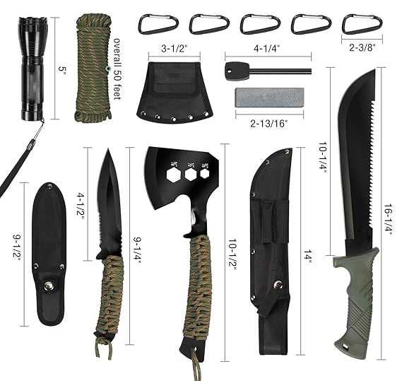 Sheath Provides Additional Protection & Convenience - Axe and two Knives have their own protective nylon Sheath, Fixed Blade Knife with Sheath, One-Piece Camping Hatchet and Hunting Knife with Rope Handle