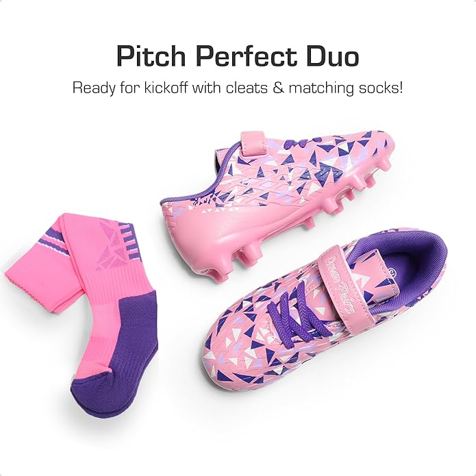 Placed Studs: Designed with carefully arranged studs, these kids’ soccer cleats provide exceptional grip and traction on grass fields. Girls Soccer Cleats Youth Firm Groud Football Shoes with Socks for Little/Big Kids