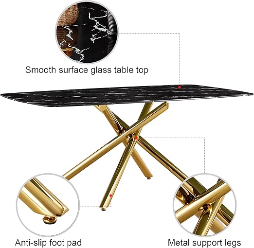 63-inch glass kitchen table seats 6-8, fusing modern design with everyday functionality.Dining Table with Golden Cross Leg Dinner Table for Kitchen Office Restaurant