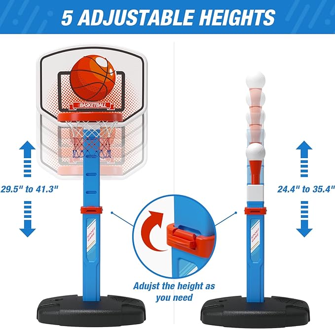 Basketball Hoop and T Ball Set - Adjustable Height, Kids Baseball Tee with Automatic Pitching Machine, basketballs for multi-player games. Kids baseball tee stand: with stretchable bat and 4 baseballs.