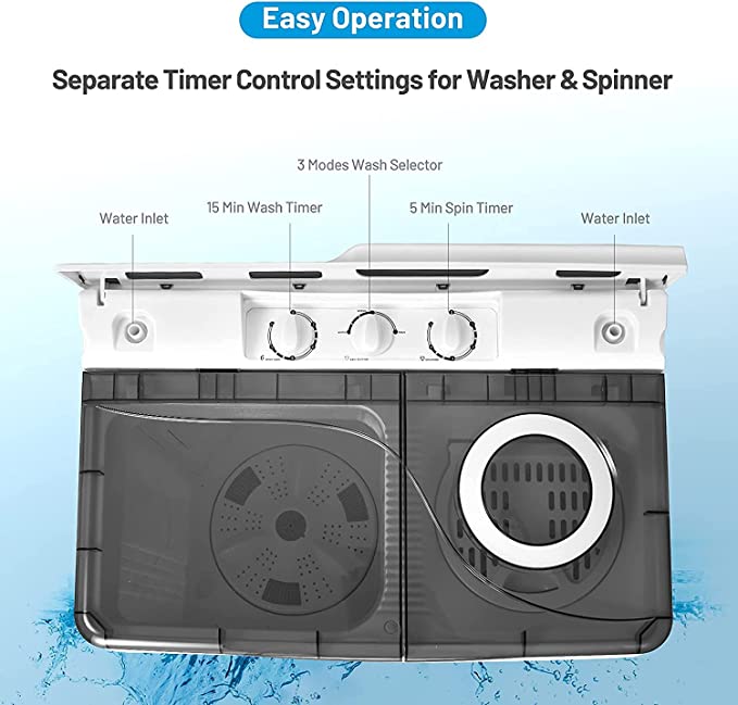 Washing Machine Semi-automatic, 28.5lbs Twin Tub Washer and Spin Dryer, Portable Laundry Washer with Built-in Drain Pump & Control Knobs, Semi-automatic Washing Machine for Apartment