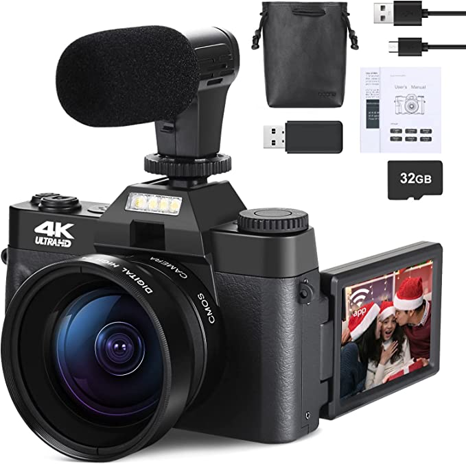 Monitech 4K Digital Cameras for Photography, Video Camera with Wide-Angle & Macro Lenses, Flip Screen vlogging Camera for YouTube, External Microphone, 16X Digital Zoom Camera,32GB TF Card