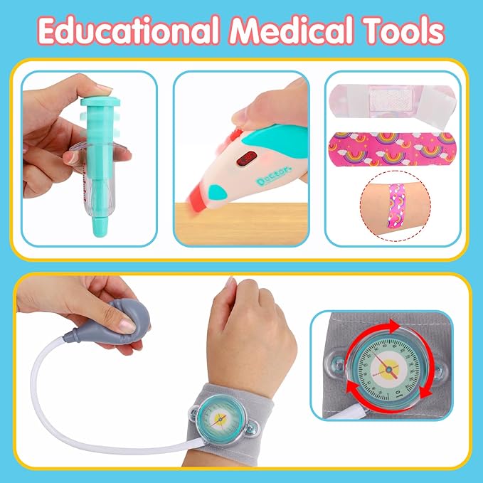 Doctor kit for toddlers 3-5 each accessory is meticulously crafted to provide an fun doctor games experience. kids can care of all dolls,Kids Doctor Play Set with Medical Bag & Realistic Stethoscope,Dress Up Dr Kit for Toddler